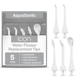 AquaSonic - Icon Water Flosser Replacement Tips – 5 Tips: Standard, Periodontal, Orthodontic & Tongue Scraper - Authentic Part - White