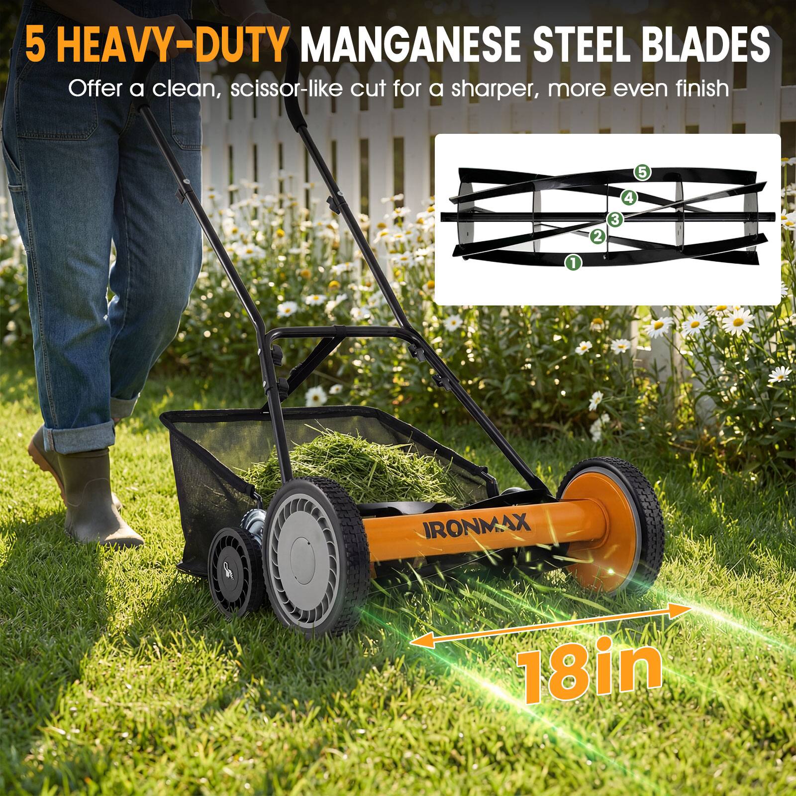 5 HEAVY-DUTY MANGANESE STEEL BLADES  
Offer a clean, scissor-like cut for a sharper, more even finish  

IRONMAX  
18in