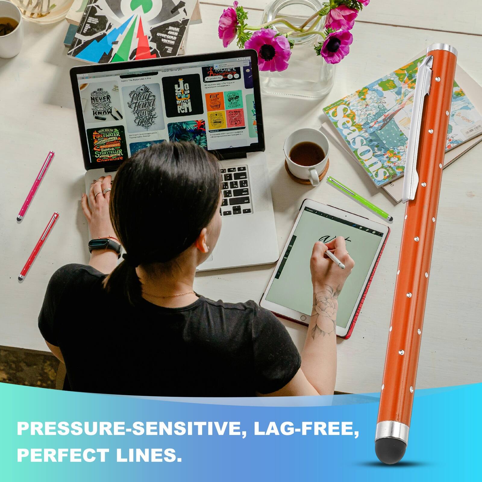 SAK - PSPOD - CPOM Clati NEVER ER KROW Harg TYDIRE Tat BOK PIRA EMATER C a C SAUTTHR J OAe So 0 PM NO BK RM TU - GT F - 2 1T - . . . . Seasons Kn 1 PRESSURE-SENSITIVE, LAG-FREE, PERFECT LINES.