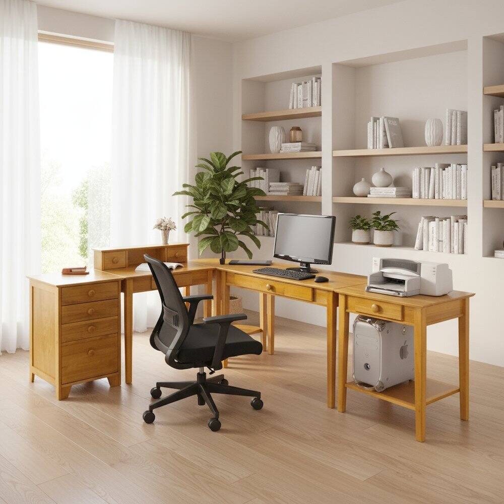 Alt View 1. FurniFact - Honey finish computer workstation set - transitional design - Honey.