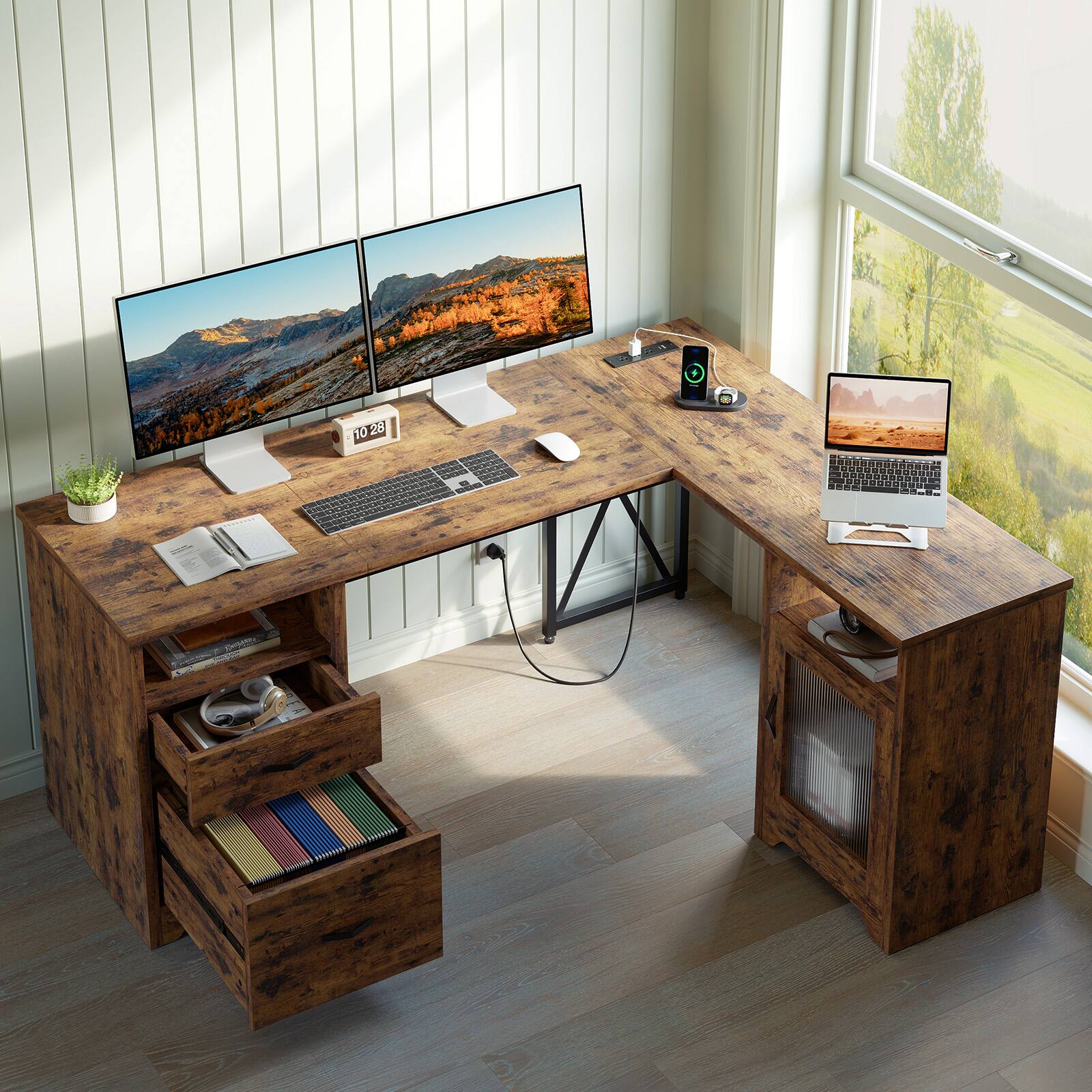 Alt View 4. Bestier - 63-inch L Shaped Desk with Monitor Stand & Drawers, LED Computer Desk with Charging Station & Cabinet - Rustic Brown.