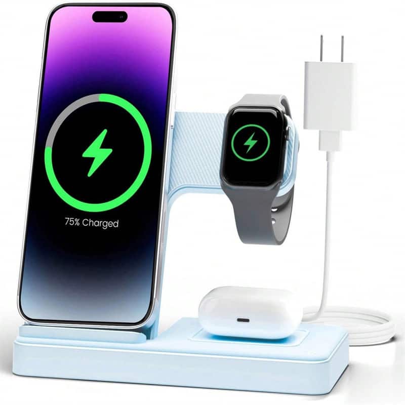 SKRAN - 3-In-1 Wireless Charger Charging Station - 3 In 1 Charger Stand for Apple iPhone, Watch 10 SE Ultra Series, AirPods - Baby Blue