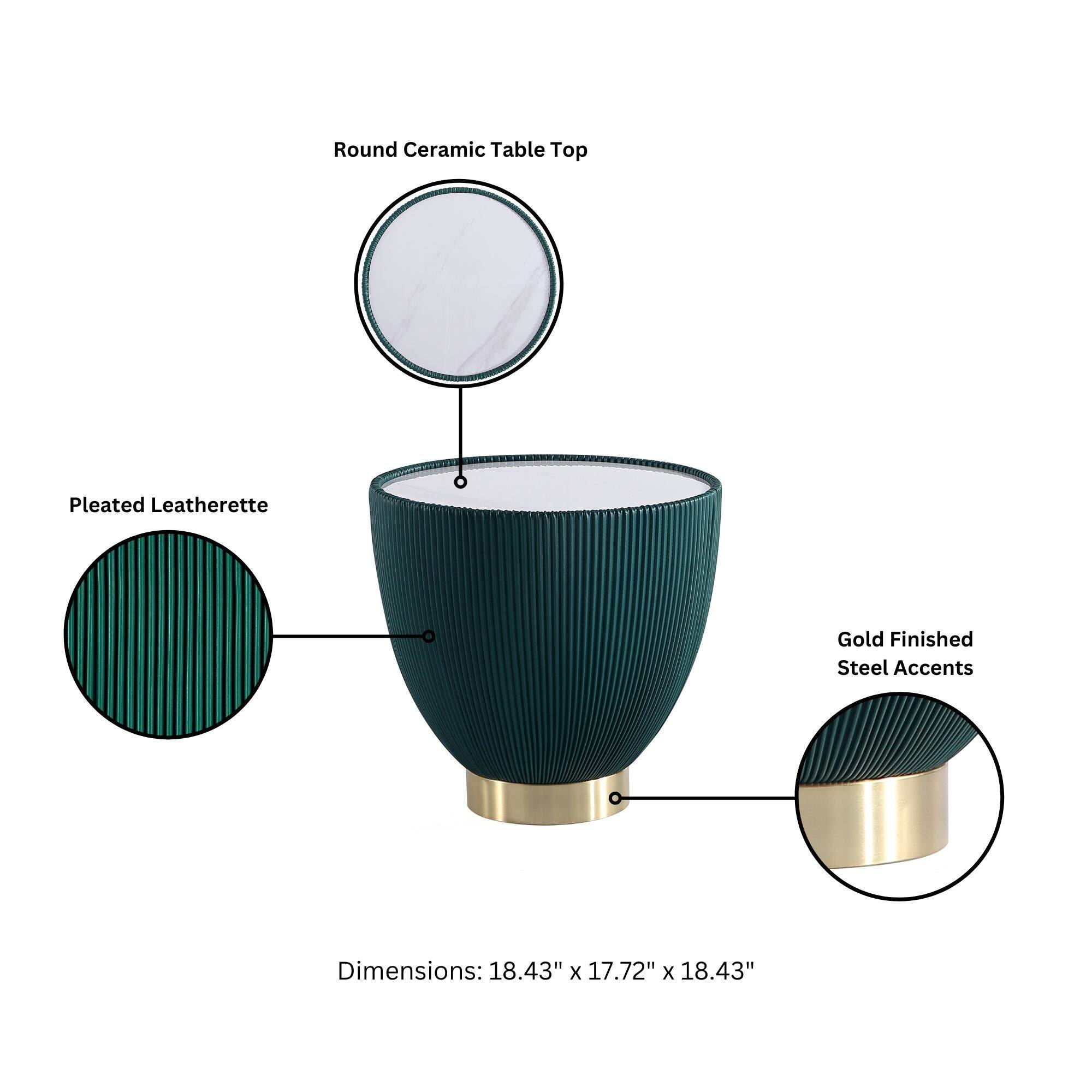 Round Ceramic Table Top  
Pleated Leatherette  
Gold Finished Steel Accents  
Dimensions: 18.43" x 17.72" x 18.43"