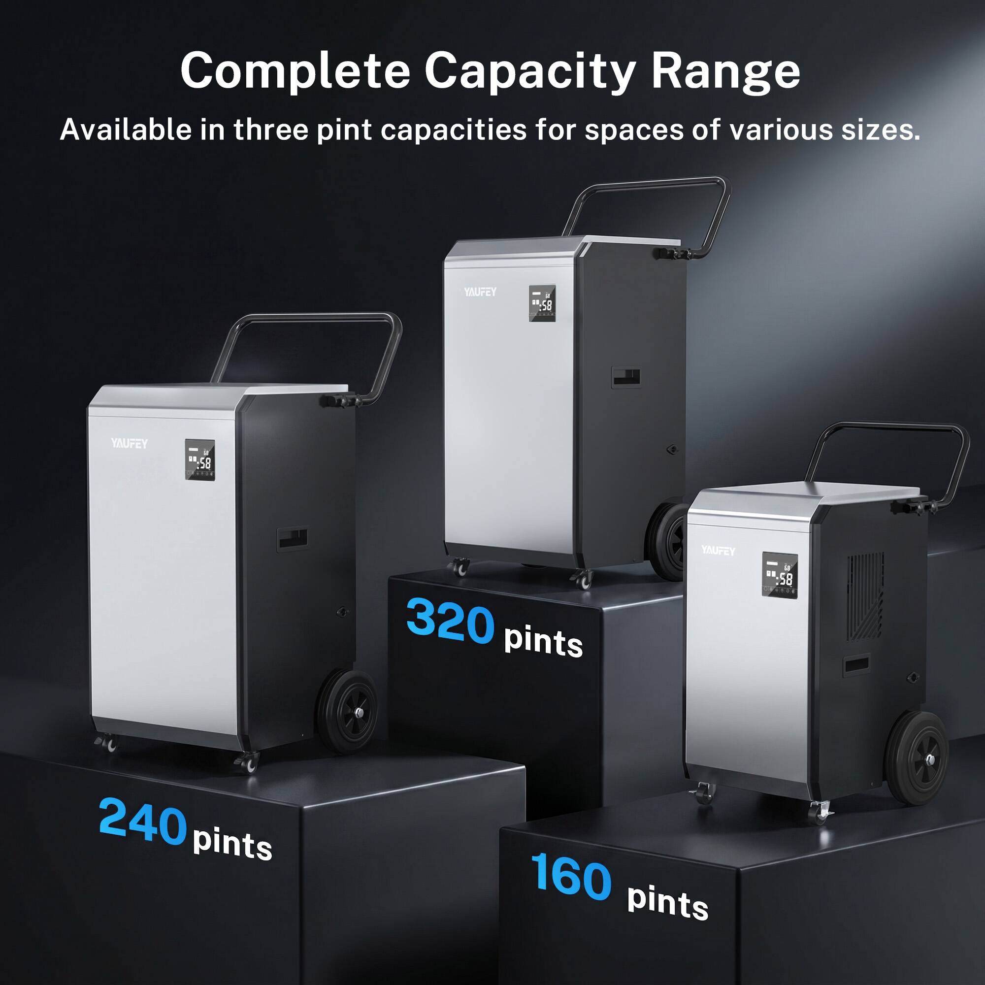 Complete Capacity Range  
Available in three pint capacities for spaces of various sizes.  

YAUFEY 320 pints  
YAUFEY 240 pints  
YAUFEY 160 pints