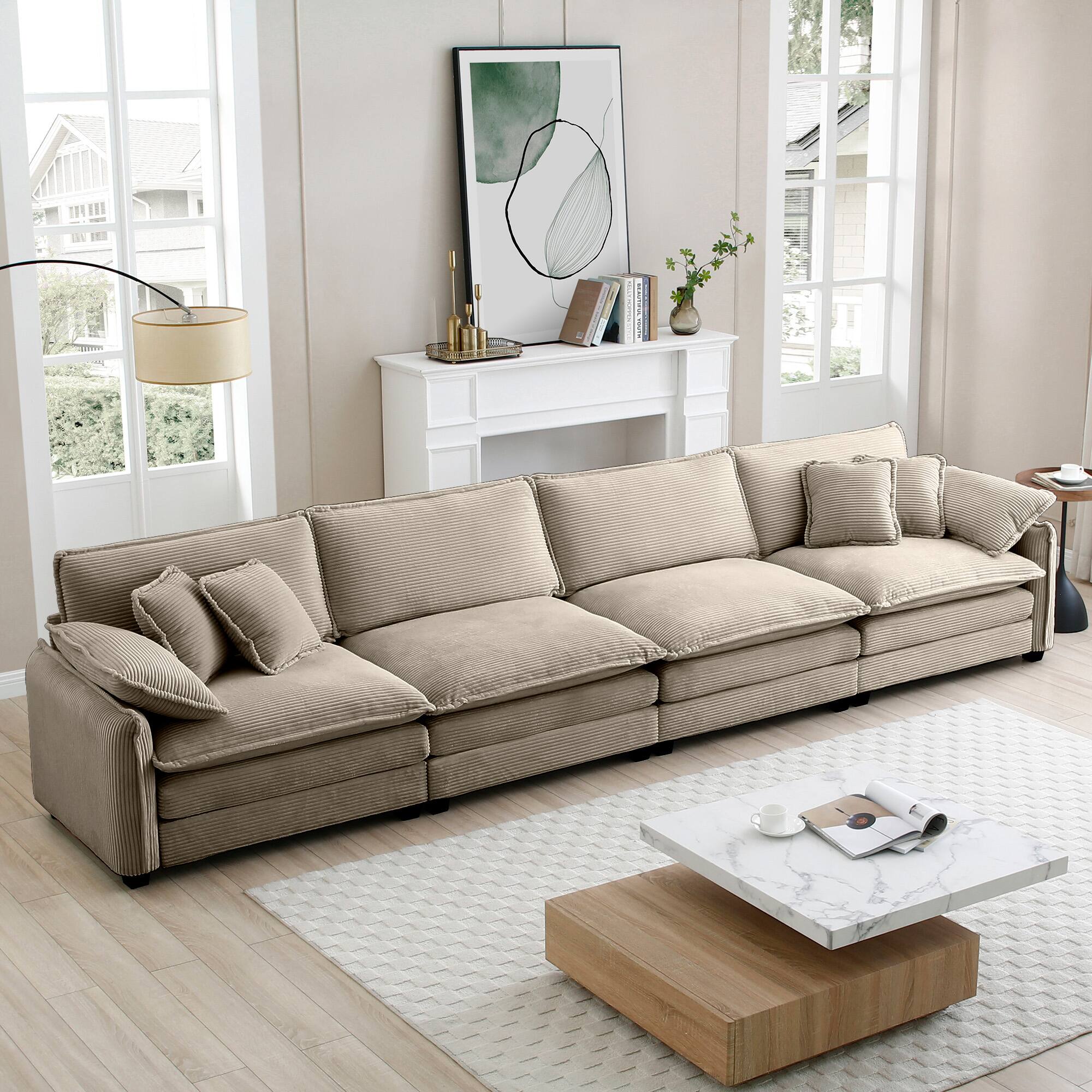 Front. LOVMOR - 4 Seater Corduroy Couch Easy Assembly Memory Foam For Living Room Bedroom Apartment Soft Textured Lounge TV XL - Tan.