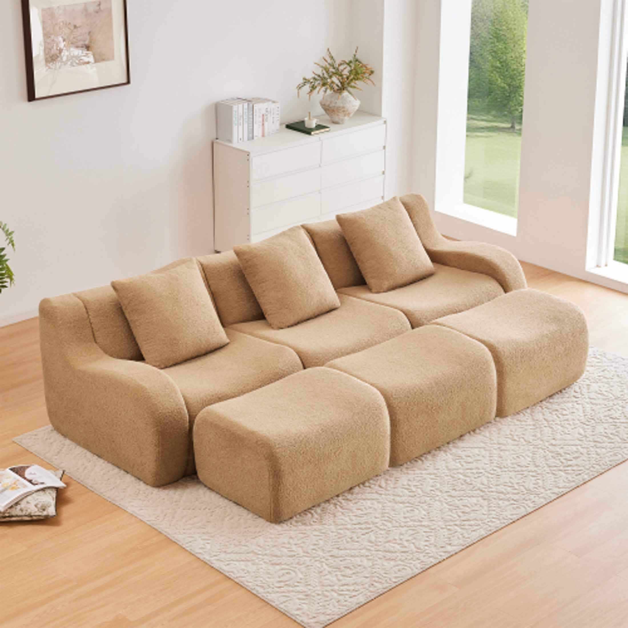 Photos - Sofa TEDDY Aukfa - Modular  Fabric  - 3-Seat Sectional with 3 Ottomans, Soft Boneless Design for Living Room - Camel 