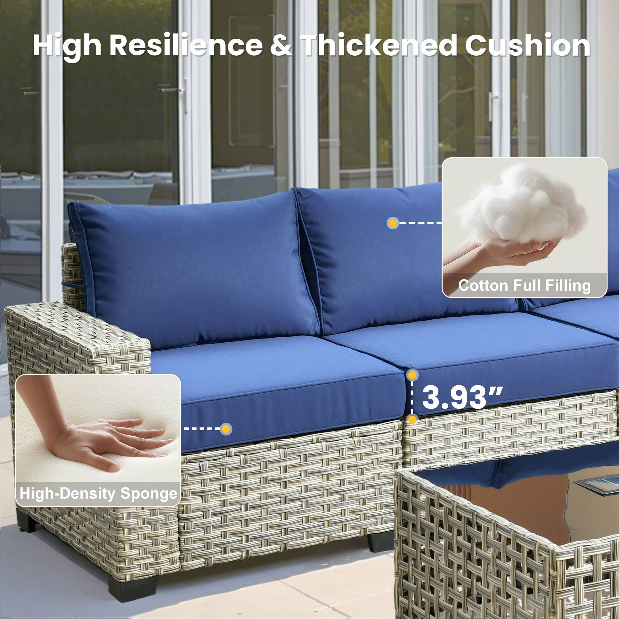 High Resilience & Thickened Cushion

- Cotton Full Filling
- High-Density Sponge
- 3.93"