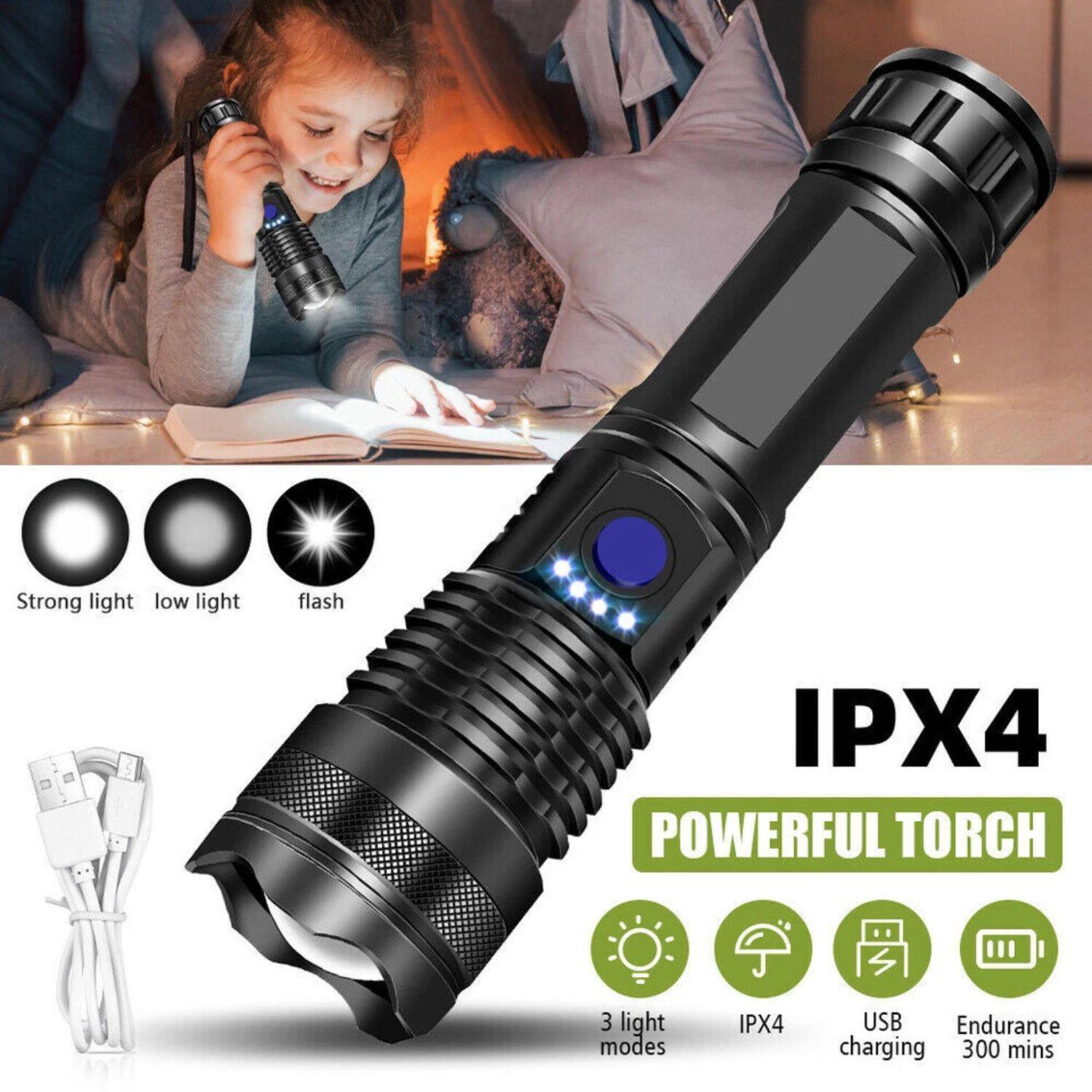 Strong light, low light, flash  
IPX4  
POWERFUL TORCH  
3 light modes  
IPX4  
USB charging  
Endurance 300 mins