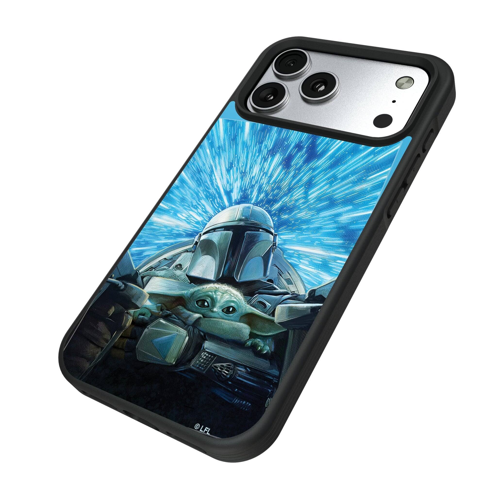 Angle. Keyscaper - Star Wars: The Mandalorian Portrait Bump Phone Case - Apple iPhone 17 - Grogu and Din Djarin.
