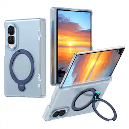 Dteck - Shockproof Frosted Phone Case for Samsung Galaxy Z Fold8 with Ring Stand, Rugged Slim Magnetic Rigid Plastic Hinge Cover - Matteblue