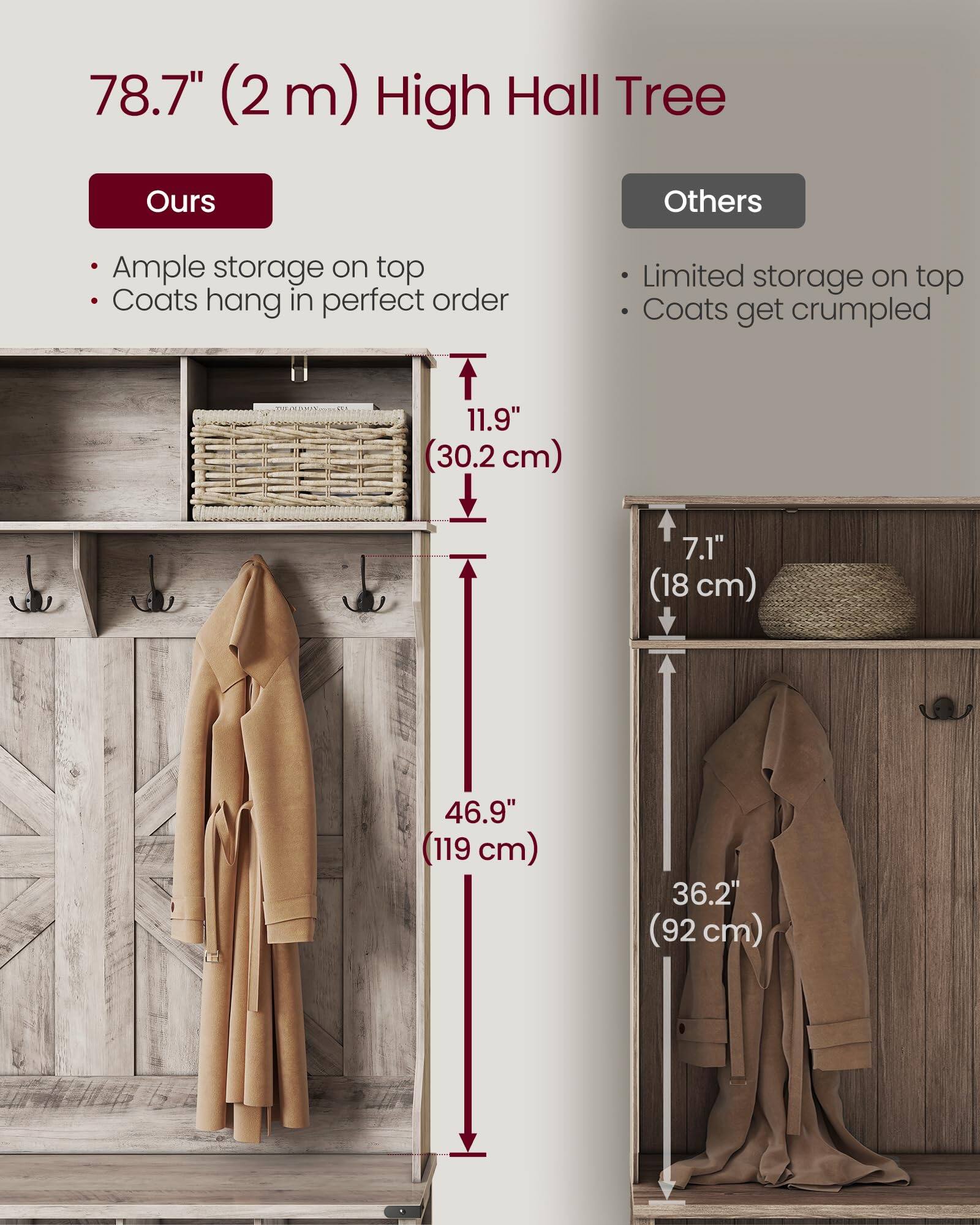 78.7" (2 m) High Hall Tree

Ours
- Ample storage on top
- Coats hang in perfect order

Others
- Limited storage on top
- Coats get crumpled

11.9" (30.2 cm)
46.9" (119 cm)
7.1" (18 cm)
36.2" (92 cm)