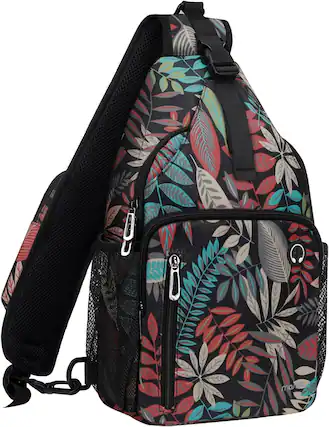 Front. mosiso - Sling Bag Crossbody Shoulder Bag Travel Hiking Daypack Chest Bag with Front Square Pocket&USB Charging Port - Creative Plant Leaves.