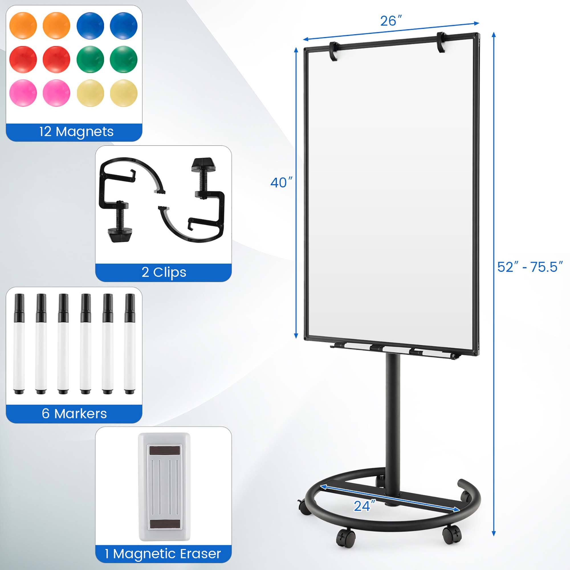 The image shows a large whiteboard with a stand and a magnetic eraser. The stand is 26 inches tall, and the whiteboard is 40 inches wide. The magnetic eraser is designed for use with the whiteboard, making it easy to erase and write on the board. The stand is sturdy and stable, ensuring that the whiteboard remains securely in place. The magnetic eraser is an essential accessory for anyone using the whiteboard, as it allows for easy and efficient erasure of writing or drawings.