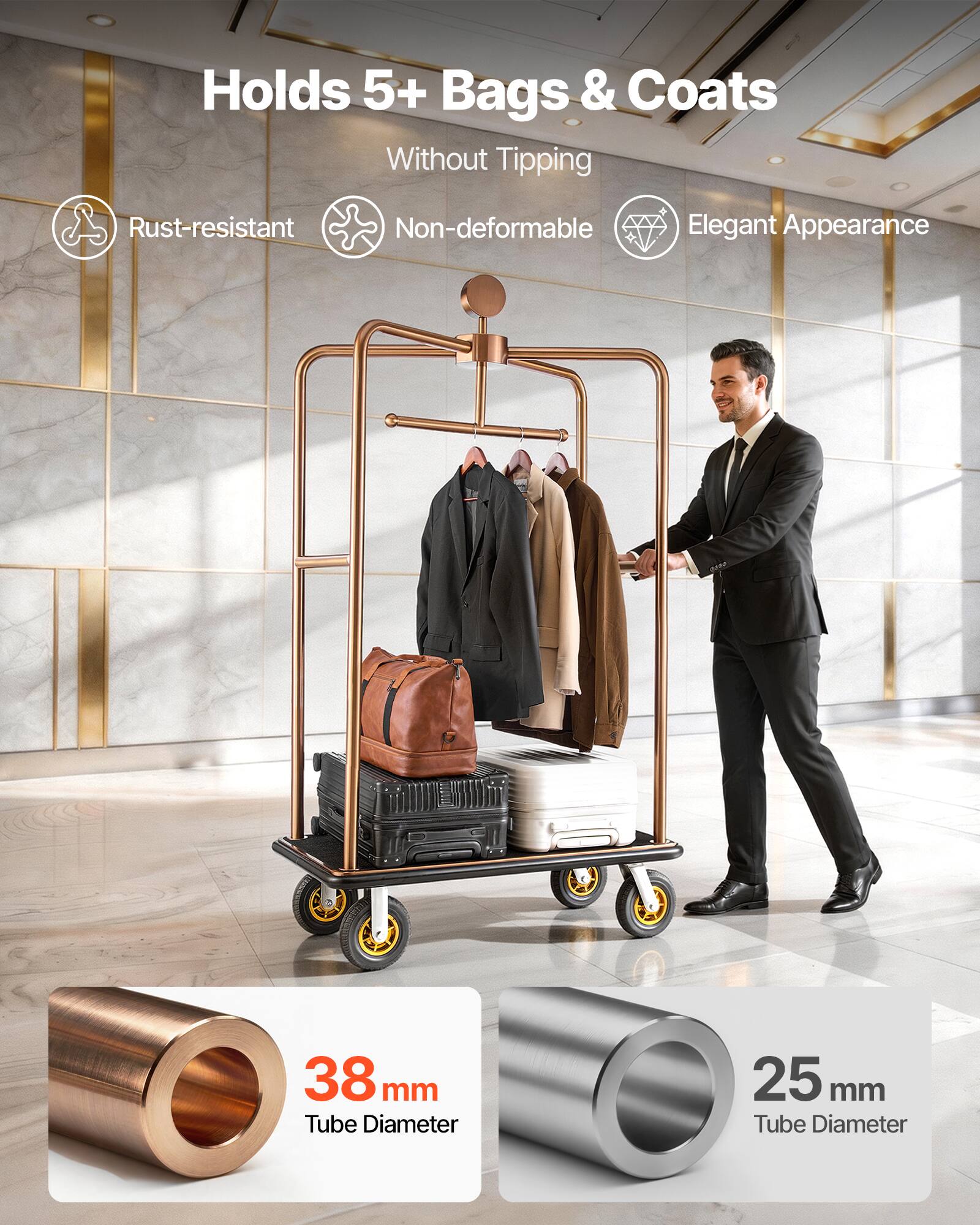 Holds 5+ Bags & Coats Without Tipping  
Rust-resistant  
Non-deformable  
Elegant Appearance  
38 mm Tube Diameter  
25 mm Tube Diameter