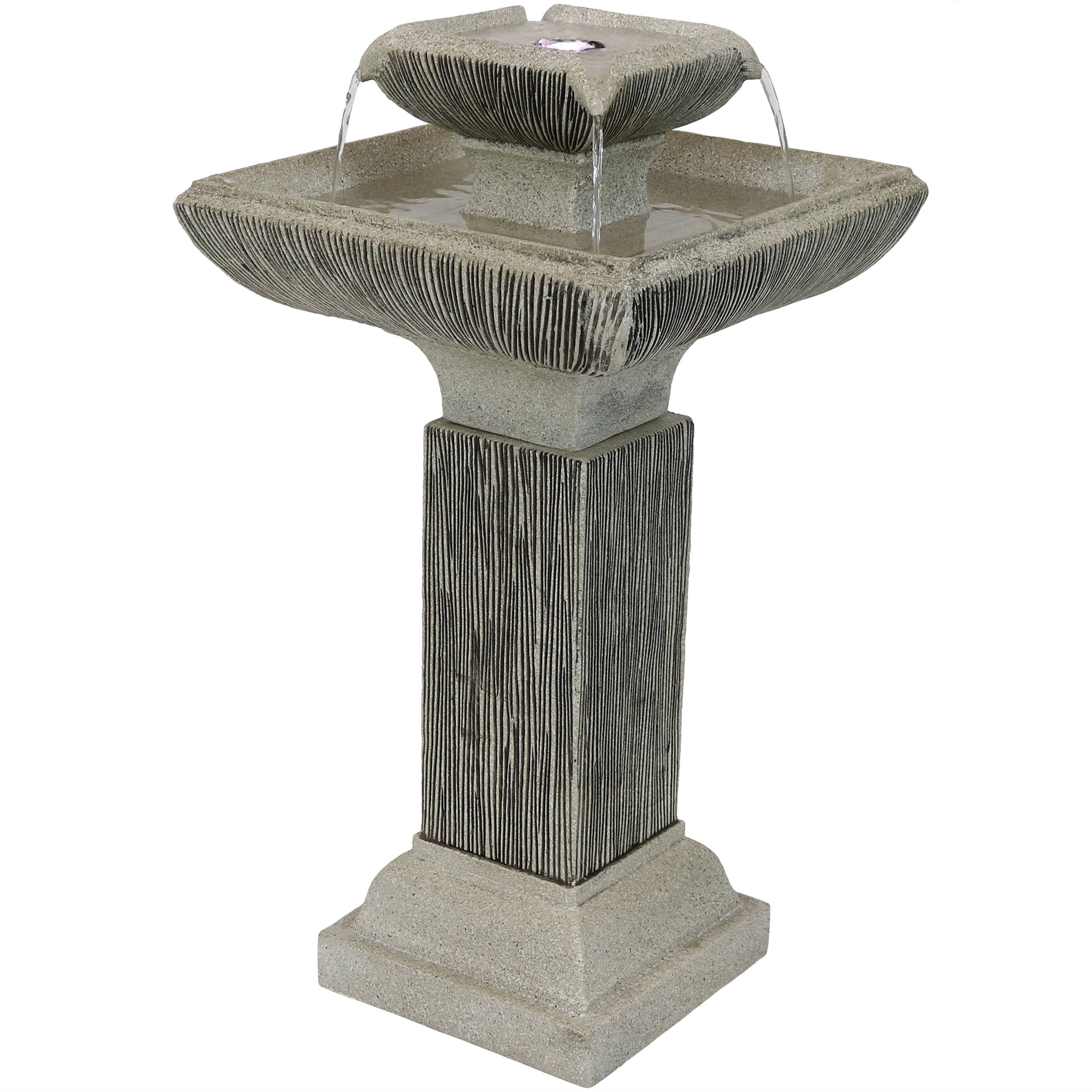 Sunnydaze Square 2-Tier Outdoor Bird Bath Water Fountain with LED Lights - Thumbnail 2
