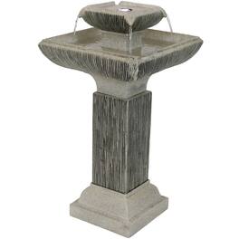 Sunnydaze - Square Resin Outdoor 2-Tier Bird Bath Water Fountain with Lights - Gray