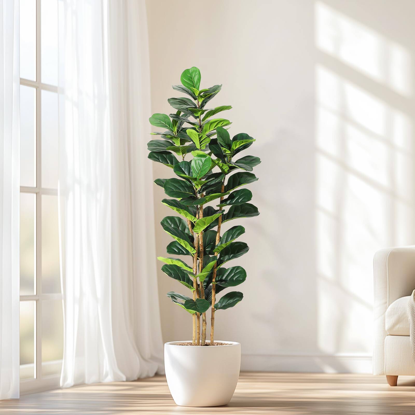Front. Homhougo - 6 FT Faux Fiddle Leaf Fig Tree with White Tall Planter, Faux Trees with Artificial Plants 56 Fiddle Leaves Greenery - Green.