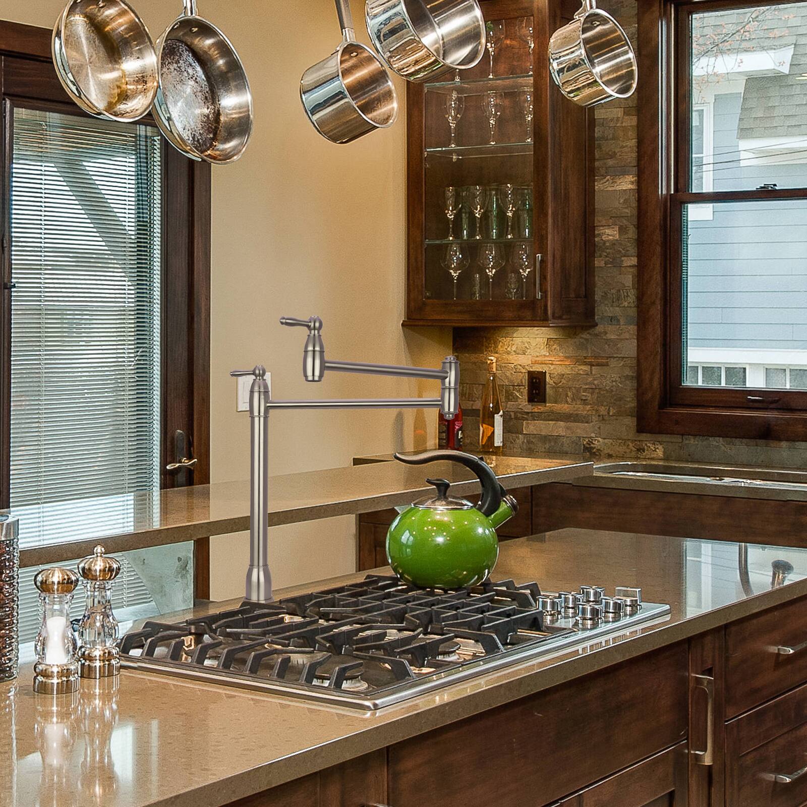 Alt View 3. Akicon - Akicon Solid Brass Deck-Mounted Pot Filler Kitchen Faucet with Dual Joint Swing Arms in Brushed Nickel - Brushed Nickel.