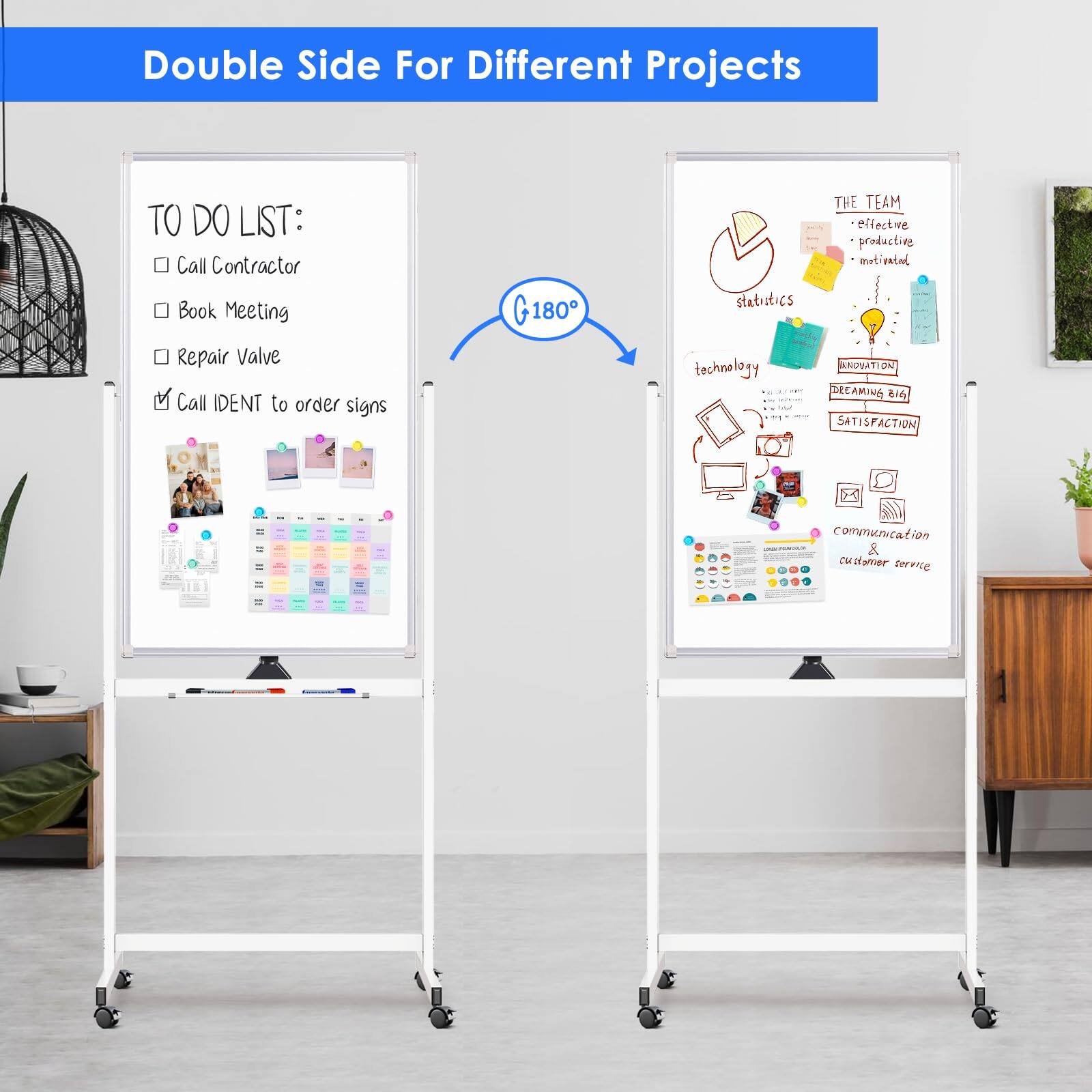 Double Side For Different Projects

TO DO LIST:
- Call Contractor
- Book Meeting
- Repair Valve
- Call IDENT to order signs

G180

statistics
technology

THE TEAM
- effective
- productive
- motivated

INNOVATION
- DREAMING BIG

SATISFACTION

communication
customer service