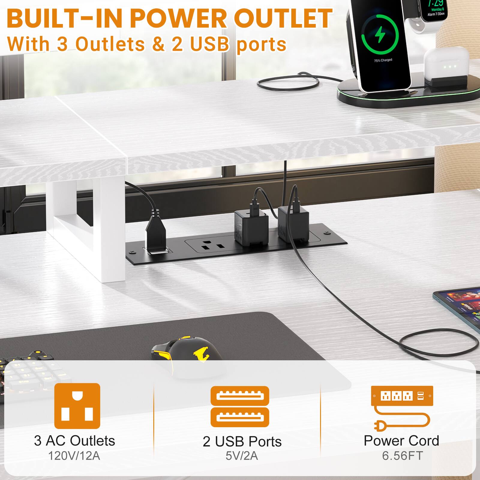 BUILT-IN POWER OUTLET  
With 3 Outlets & 2 USB ports  

3 AC Outlets  
120V/12A  

2 USB Ports  
5V/2A  

Power Cord  
6.56FT
