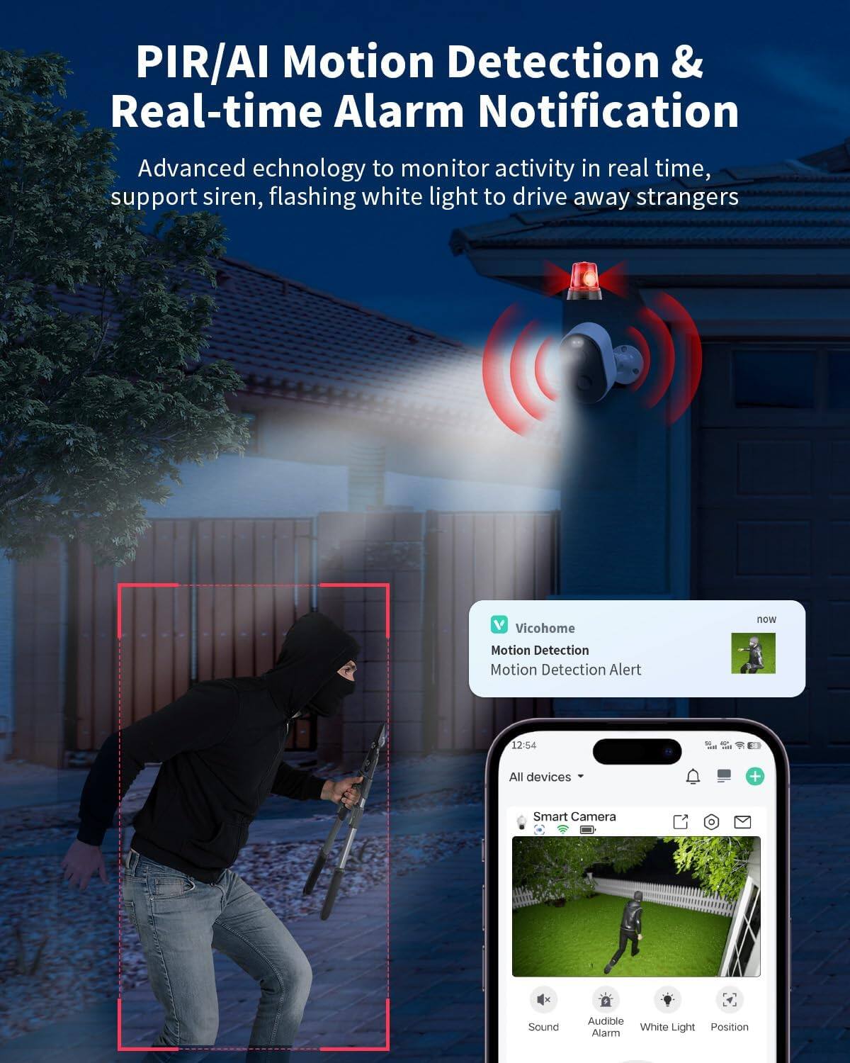 PIR/AI Motion Detection & Real-time Alarm Notification

Advanced technology to monitor activity in real time, support siren, flashing white light to drive away strangers

Vicohome
Motion Detection
Motion Detection Alert

All devices
Smart Camera
Sound
Audible Alarm
White Light
Position