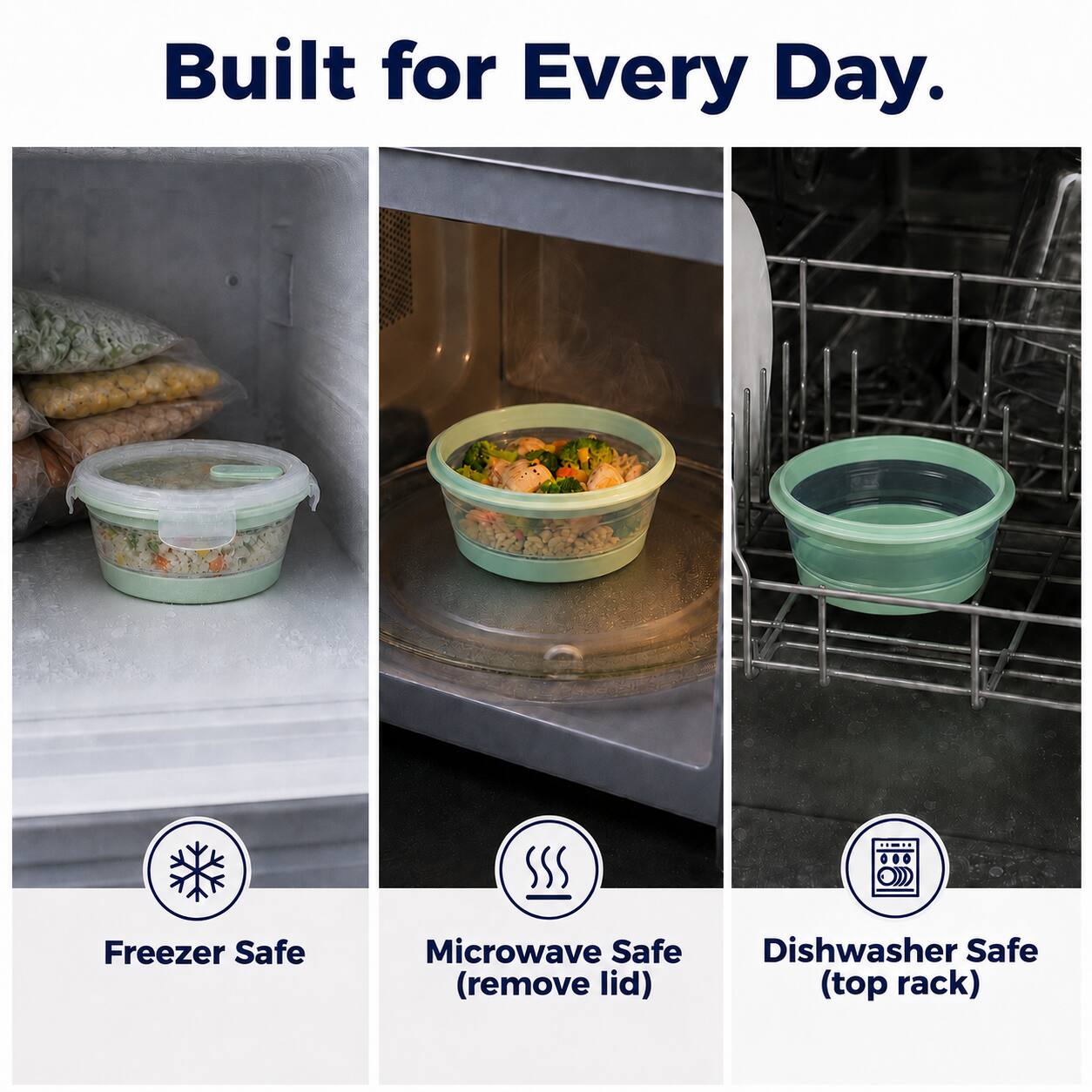 Built for Every Day.

Freezer Safe
Microwave Safe (remove lid)
Dishwasher Safe (top rack)