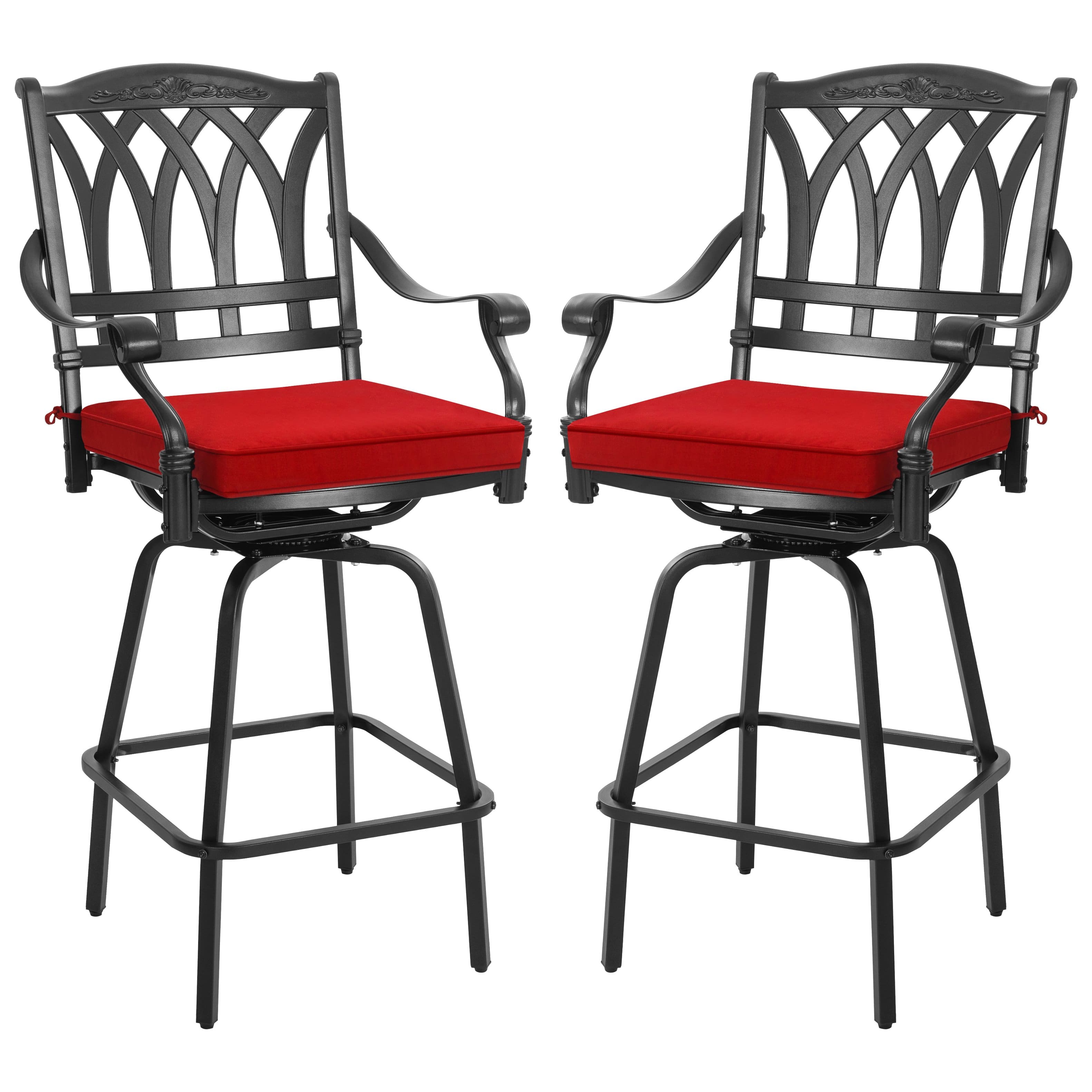 Nuu Garden - 2PCS Patio E-Coated Cast Aluminum Swivel Bar Stool Set with Olefin Cushions - Black and Red