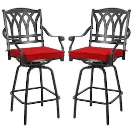 Nuu Garden - 2PCS Patio E-Coated Cast Aluminum Swivel Bar Stool Set with Olefin Cushions - Black and Red