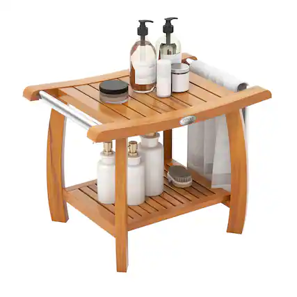 Front. Gymax - Gymax Teak Wood Shower Bench 2-Tier Wooden Shower Stool w/ Curved Seat Handles Large - Natural.