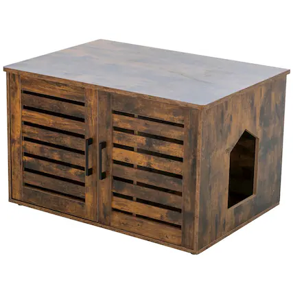 Front. TRIXIE - XL Farmhouse Litter Box Enclosure, Hidden Litter Box Cabinet or End Table - Brown.
