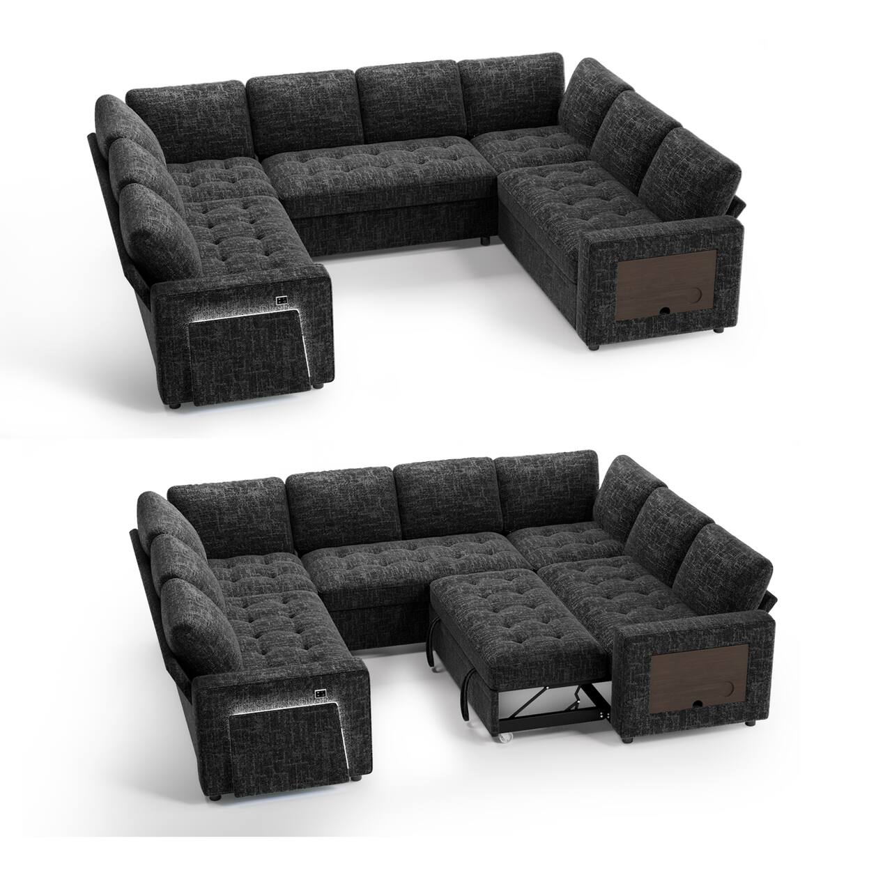 Alt View 5. Vipbear - 8 Seat U Shaped Modular Chenille Fabric Sofa with Pull Out Bed/Reclining Backrest/USB Ports/Table/LED Light/Storage Seat - Black.