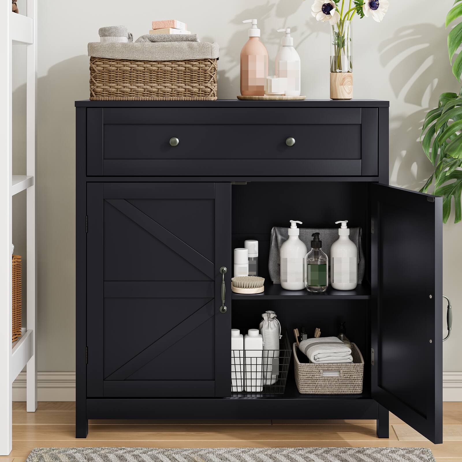 Back. Spaco - Spaco Barn Door Farmhouse Sideboard, Multi-Drawer Adjustable Shelf Storage, Magnetic Closure Kitchen Cabinet,for Kitchen - Black.