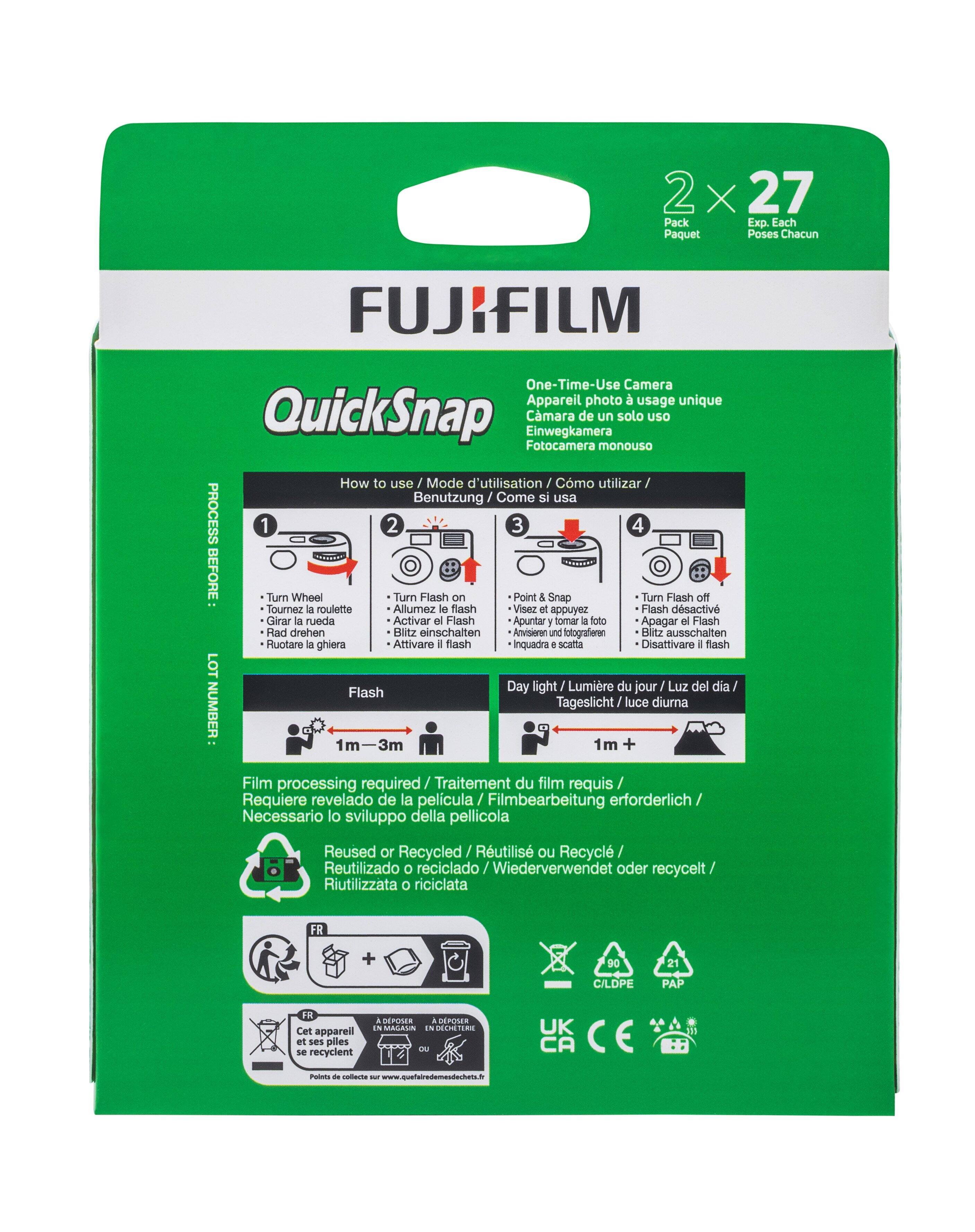 The text on the image is in French, and it provides instructions for using the Fujifilm QuickSnap camera. Here is a summary of the instructions:

1. Turn the wheel to select the desired mode (e.g., daylight, flash, etc.).
2. Turn the flash on.
3. Point and take a photo.
4. Turn the flash off.
5. Turn the wheel again to change the mode.
6. Repeat steps 2-4 to take more photos.

The pack contains 27 cameras, and the image also shows a recycling symbol, indicating that the camera is recyclable.