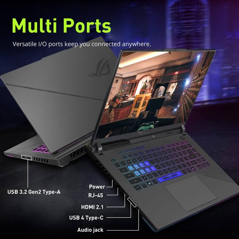 Multi Ports  
Versatile I/O ports keep you connected anywhere.  

- USB 3.2 Gen2 Type-A  
- Power RJ-45  
- HDMI 2.1  
- USB 4 Type-C  
- Audio jack