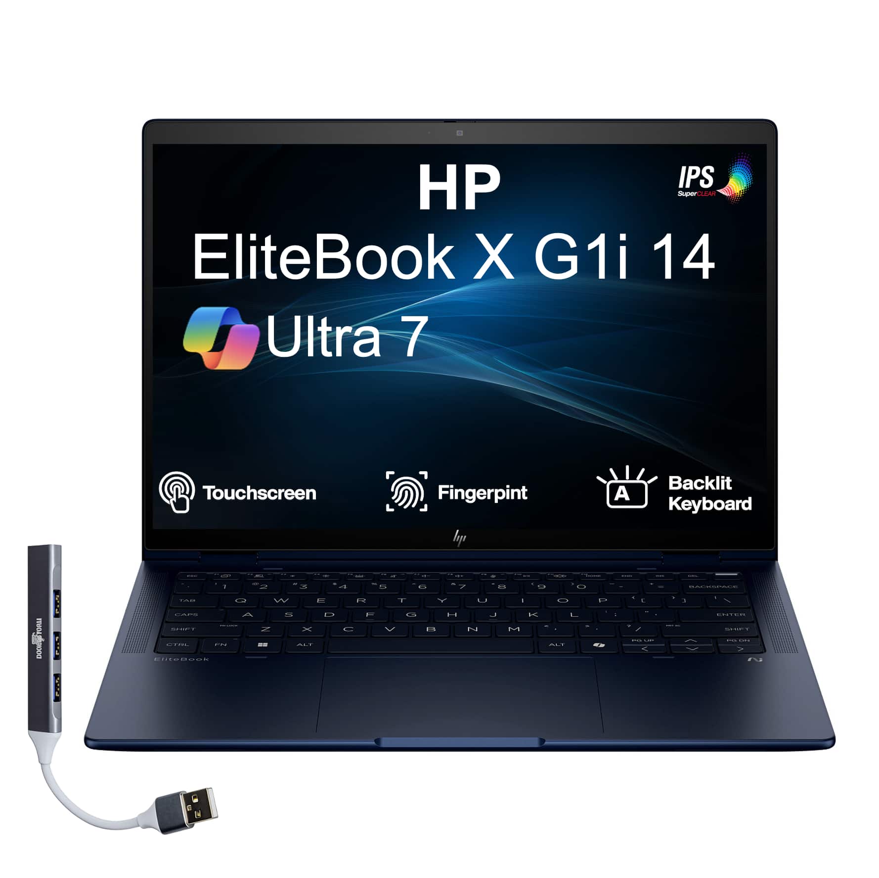 HP - Elitebook X G1i 14 Laptop 14.0 WUXGA Display (Ultra 7-258V, 32GB, 2TB SSD, Intel Arc 140V, Win 11 Pro) w/USB Hub - Atmospheric Blue