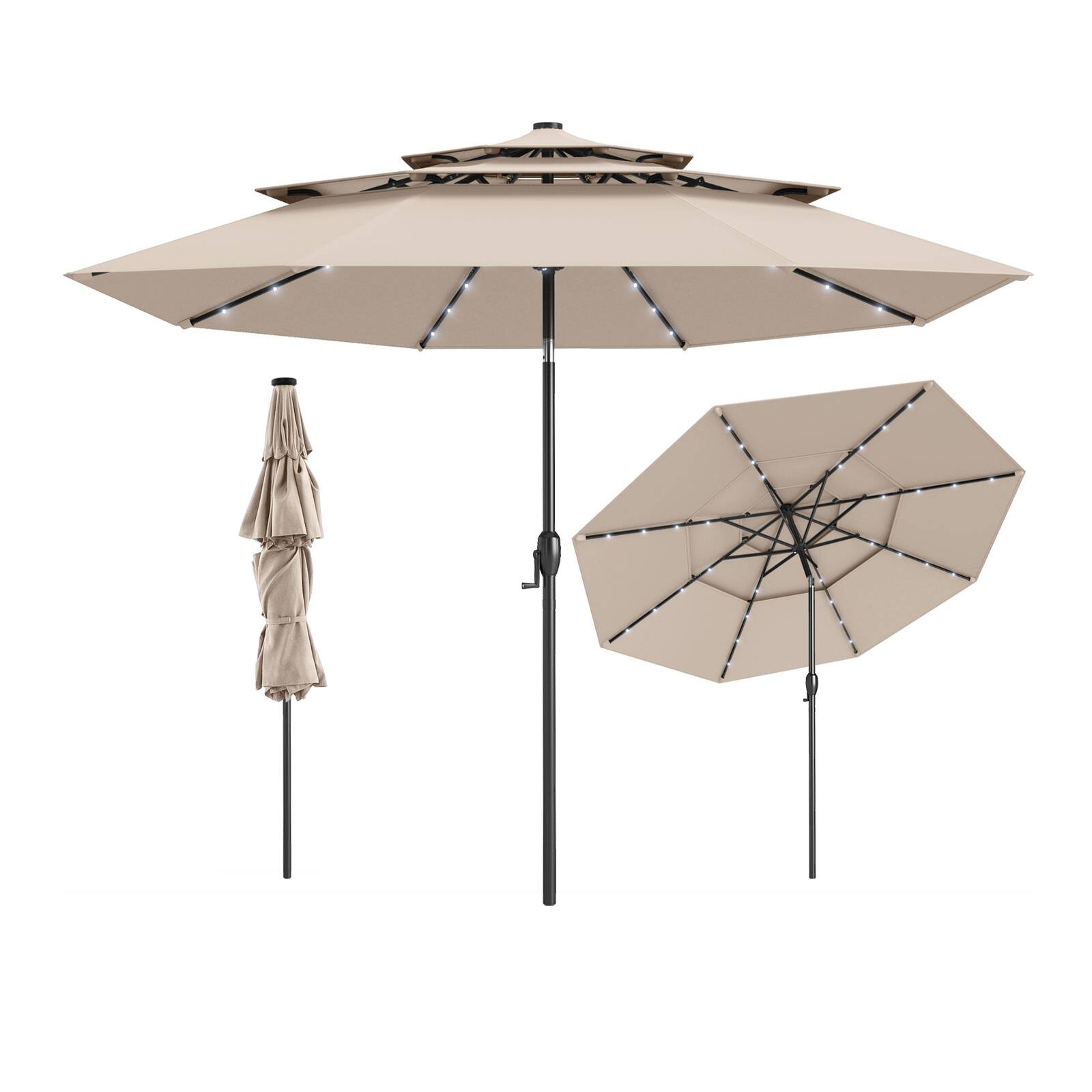 Left. SlickBlue - Outdoor 10-Foot Solar Patio Umbrella with LED Lights and Vented Canopy - Beige.