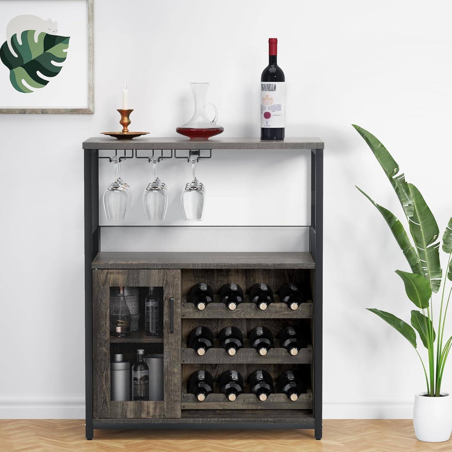 Front. Babevy - 3-Tier Wine & Coffee Hub - Mesh Door Bar Cabinet with 12-Bottle Rack & 9-Glass Holder for Home, Dark Wood - Dark Wood.