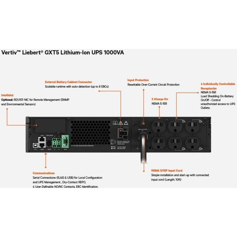 Vertiv™ Liebert® GXT5 Lithium-Ion UPS 1000VA

- **Intellislot**
  - Optional: RDU101 NIC for Remote Management (SNMP and Environmental Sensors)

- **External Battery Cabinet Connector**
  - Scalable runtime with auto-detection (up to 8 EBC)

- **Input Protection**
  - Resettable Over-Current Circuit Protection

- **2 Always-On NEMA 5-15R**

- **4 Individually Controllable Receptacles**
  - NEMA 5-15R
  - Load Shedding On-Battery On/Off Control
  - Unauthorized access to UPS Outlets

- **Communications**
  - Serial Connections (RJ45 & USB) for Local Configuration and UPS Management
  - Dry-Contact REPO
  - 4 User-Definable NO/NC Contacts, EBC Identification

- **NEMA 5/15P Input Cord**
  - Simple installation and start-up with connected input cord (Length: 10ft)