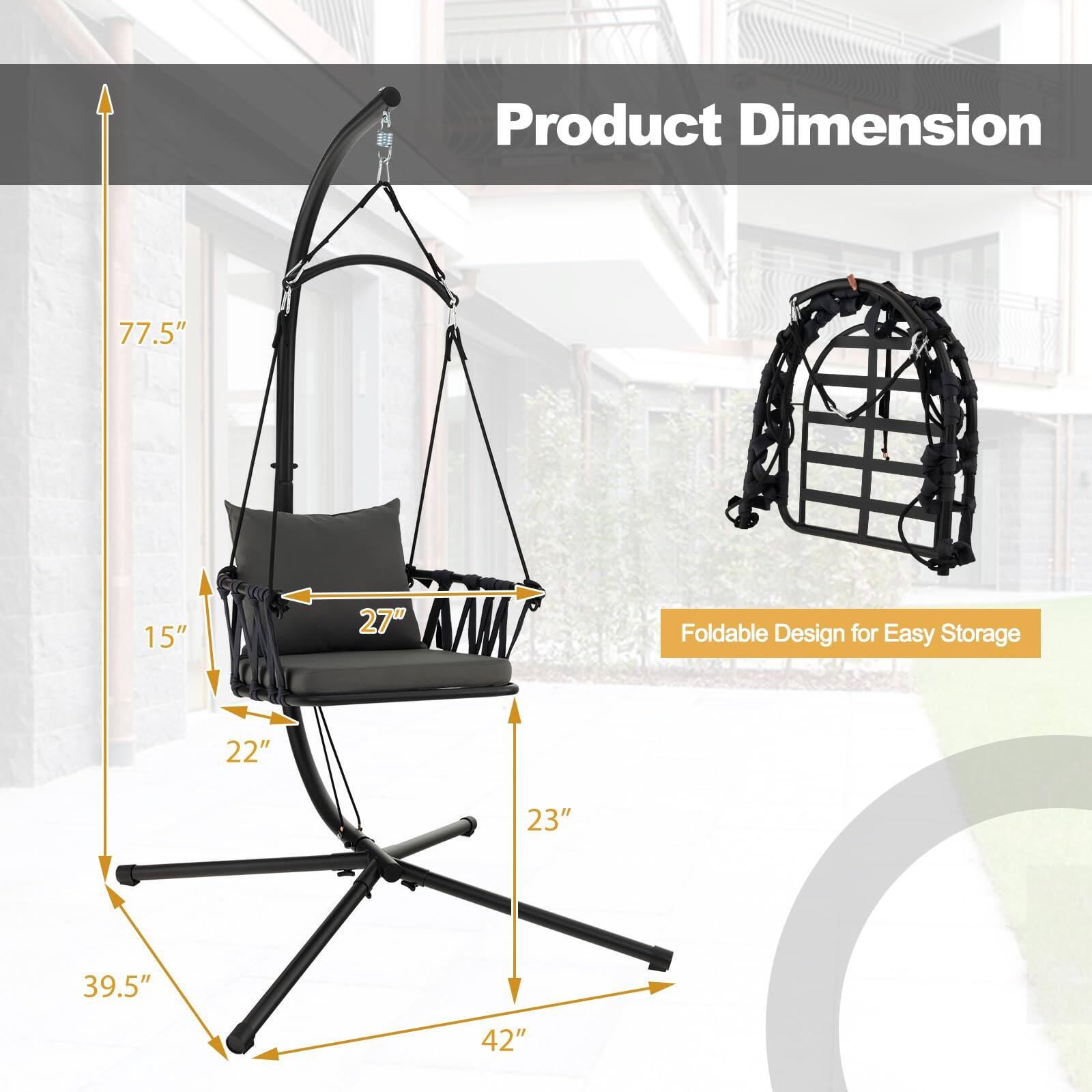 Product Dimension:  
- Height: 77.5"  
- Width: 42"  
- Depth: 39.5"  
- Seat Width: 27"  
- Seat Depth: 22"  
- Folded Height: 23"  
- Folded Width: 15"  

Foldable Design for Easy Storage