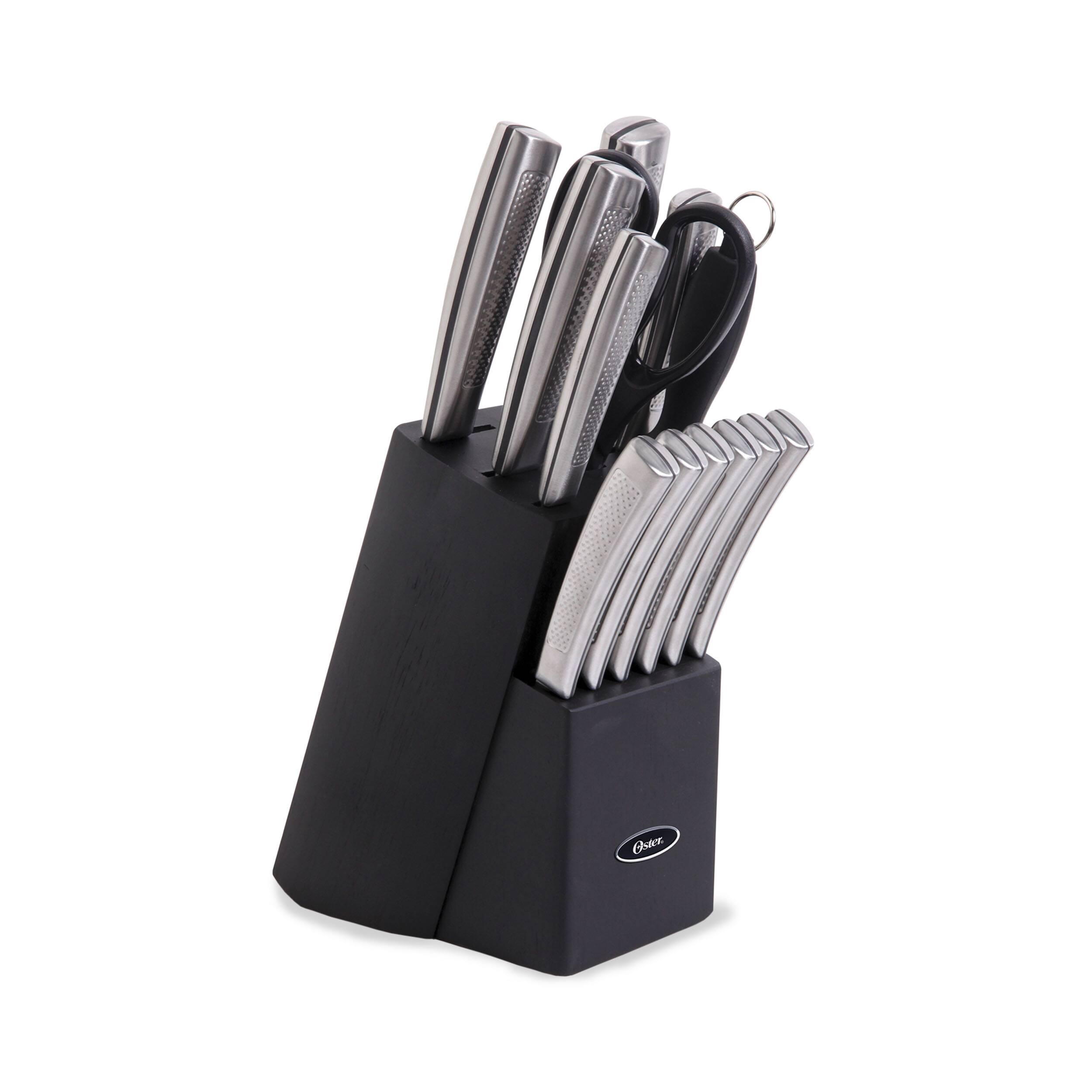 Oster - Wellisford 14 Piece Stainless Steel Cutlery Set with Black Rubber Wood Block - Black/Silver
