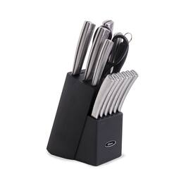 Oster - Wellisford 14 Piece Stainless Steel Cutlery Set with Black Rubber Wood Block - Black/Silver