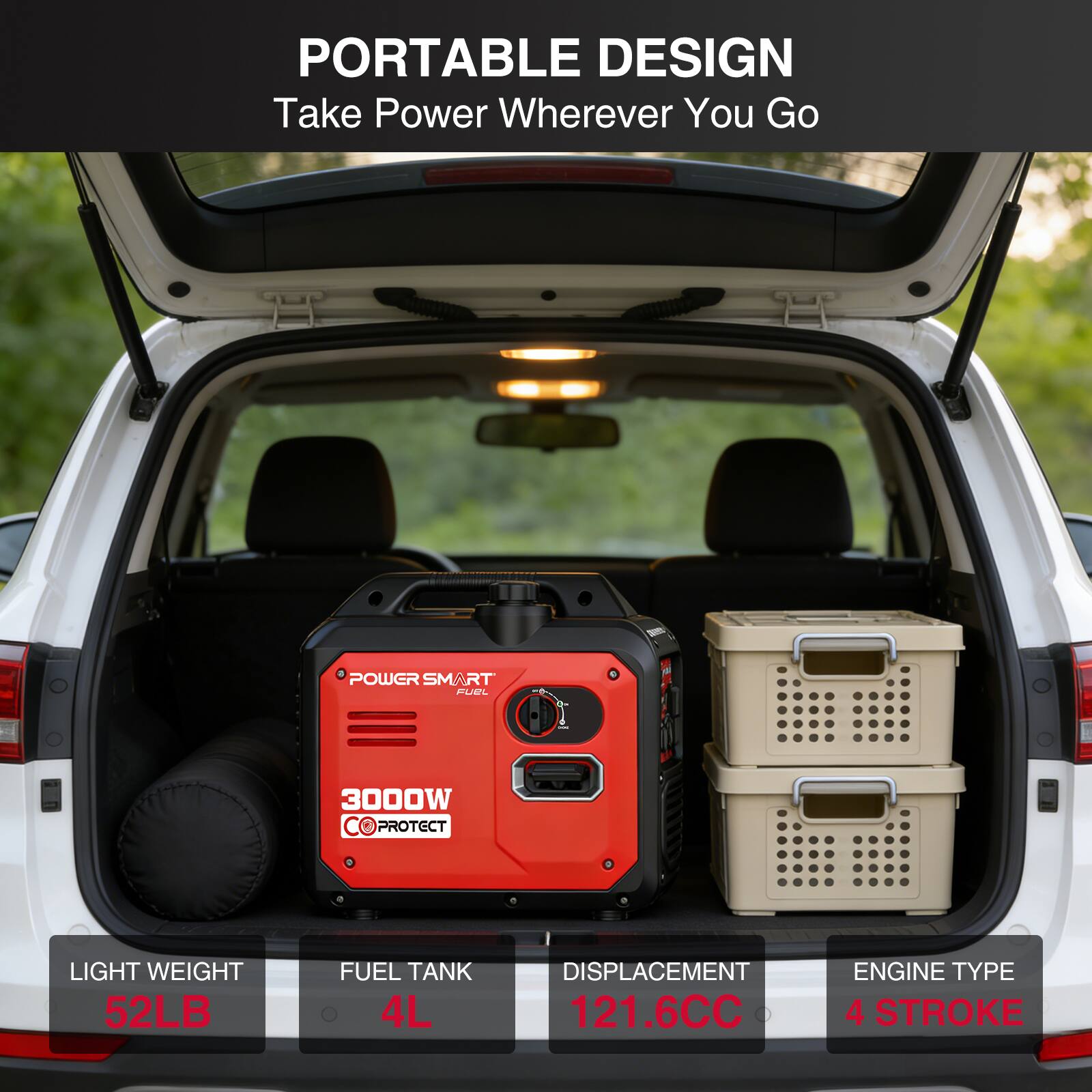 PORTABLE DESIGN  
Take Power Wherever You Go  

POWER SMART EUAL 3000W PROTECT  
LIGHT WEIGHT 52LB  
FUEL TANK 4L  
DISPLACEMENT 121.6CC  
ENGINE TYPE 4 STROKE