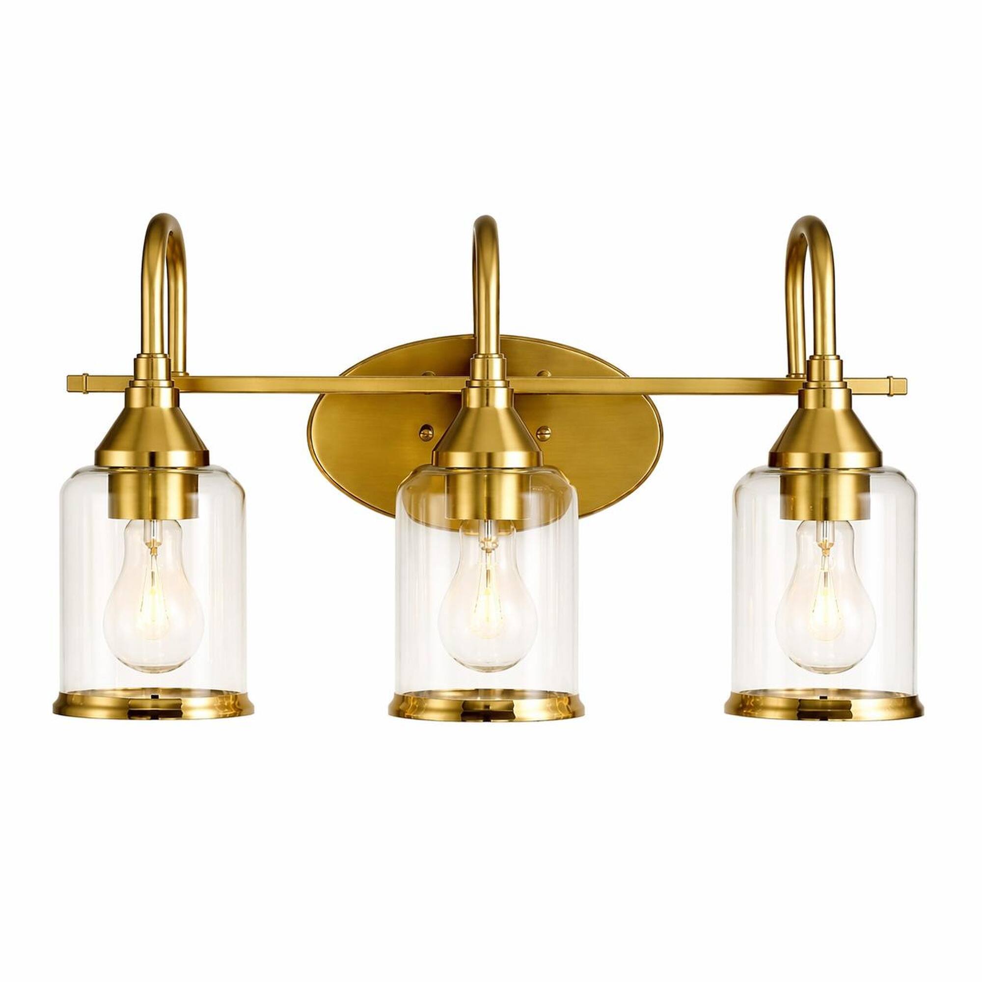 Front. RYHNUYNE - Twilight 22-Inch Brushed Gold 3-Light Vanity Bar with Clear Glass Shades for Bathroom, Bedroom, Foyer, Hall, Kitchen.