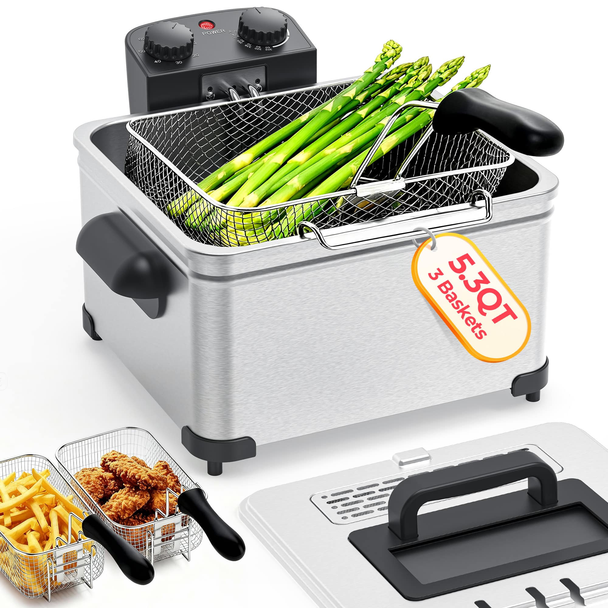 HONGGE - Electric Deep Fryer with 5.3qt Oil Capacity and Adjustable Temperature for Home Kitchen - Silver