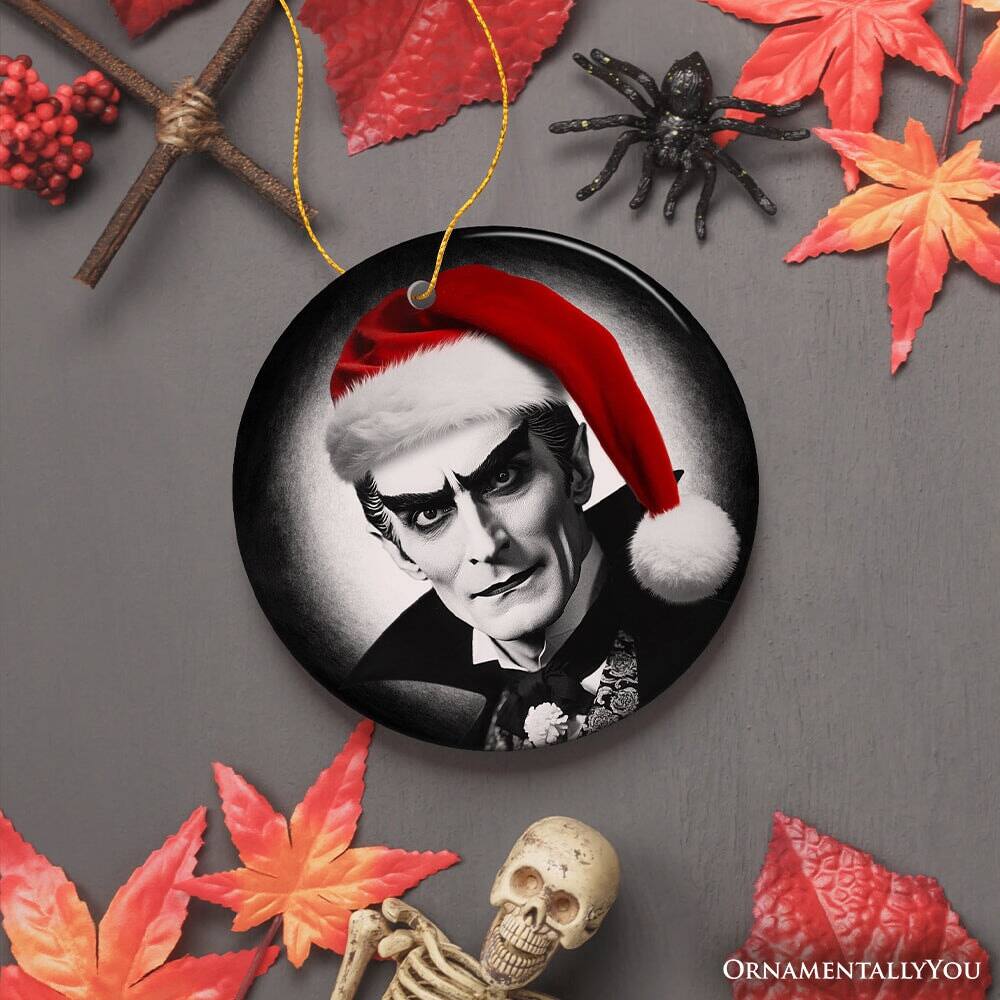 Back. OrnamentallyYou - Vintage Dracula with a Santa Hat Ceramic Ornament Horror Themed Christmas Decor for Halloween Tree - Multi-colored.