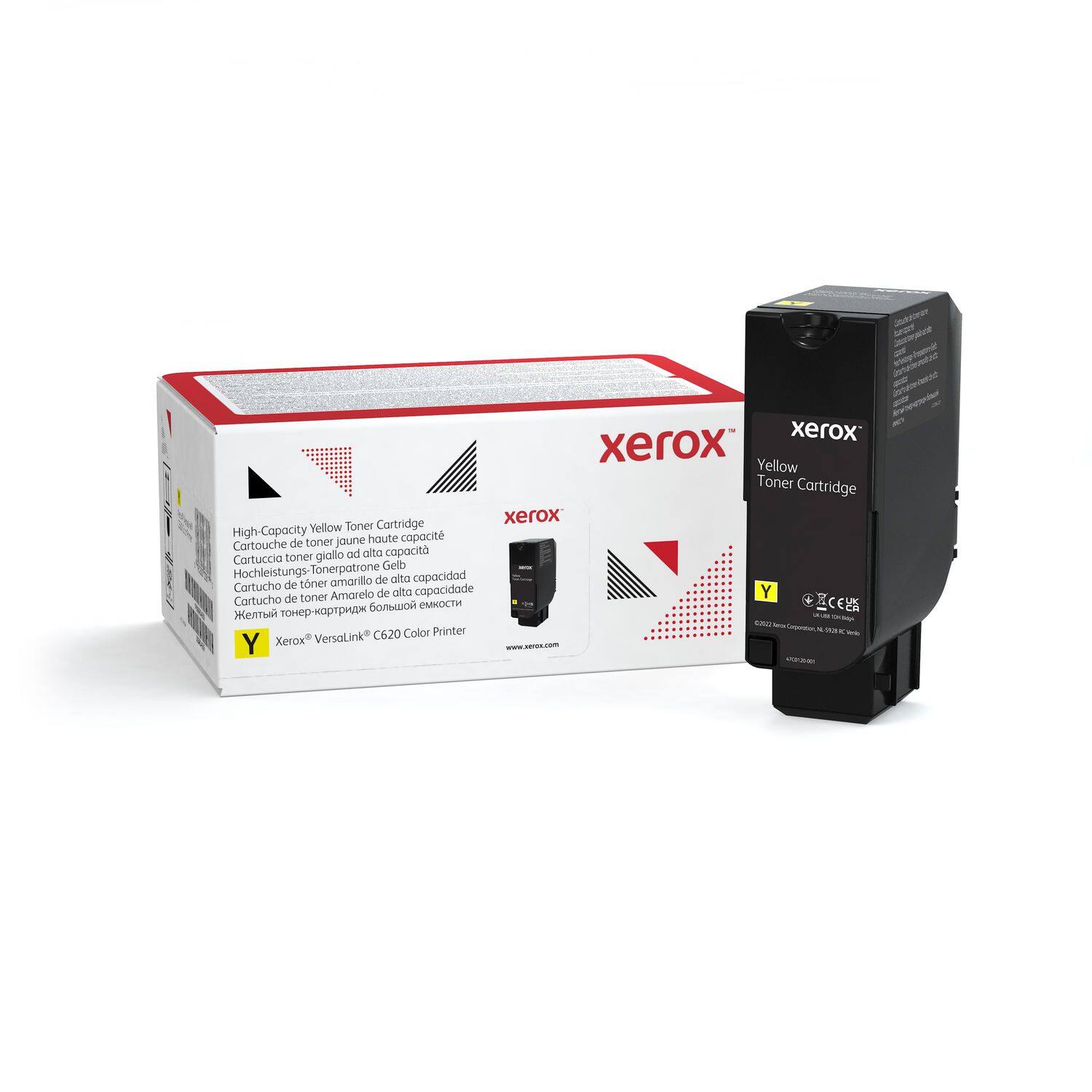 Sure, here is the corrected and grouped text:

---

**Xerox**

**High-Capacity Yellow Toner Cartridge**

- Cartouche de toner jaune haute capacité
- Cartuccia toner giallo ad alta capacità
- Cartucho de toner amarelo de alta capacidade
- Cartucho de toner amarillo de alta capacidad
- Cartucho de toner amarillo de alta capacidad
- Характеристики тонера высокой ёмкости
- Y
- Xerox® VersaLink C620 Color Printer

**Yellow Toner Cartridge**

- Y
- 00273 Cartridge Capacity: 6,500 Pages
- 100% Original Xerox Cartridge
- 100% Original Xerox Cartridge
- 100% Original Xerox Cartridge
- 100% Original Xerox Cartridge
- 100% Original Xerox Cartridge
- 100% Original Xerox Cartridge
- 100% Original Xerox Cartridge
- 100% Original Xerox Cartridge
-
