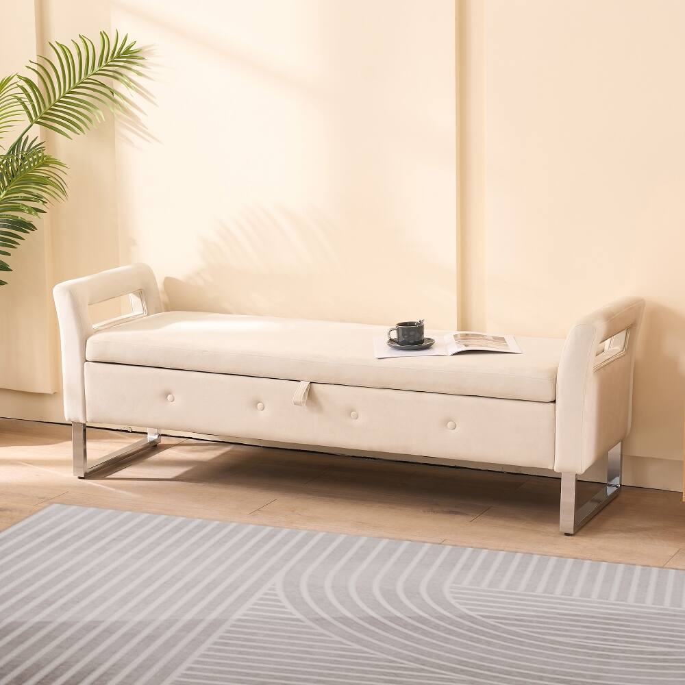 Left. Ropilly - Ropilly 68" Beige Velvet Storage Bench with Armrests, End of Bed Bedroom Bench, Entryway Shoe Bench with Hidden Storage - Beige.