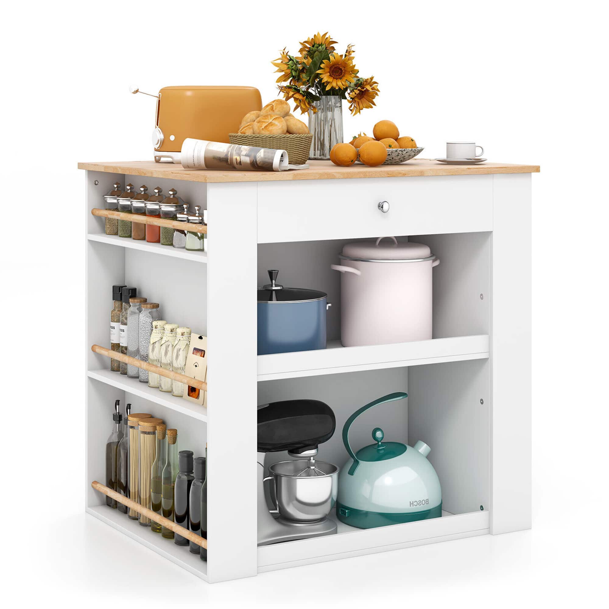 Gymax - Kitchen Island w/Storage Rubber Wood Countertop 2-Door Cabinet Drawer Sideboard - White & Natural
