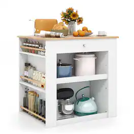 Gymax - Kitchen Island w/Storage Rubber Wood Countertop 2-Door Cabinet Drawer Sideboard - White & Natural