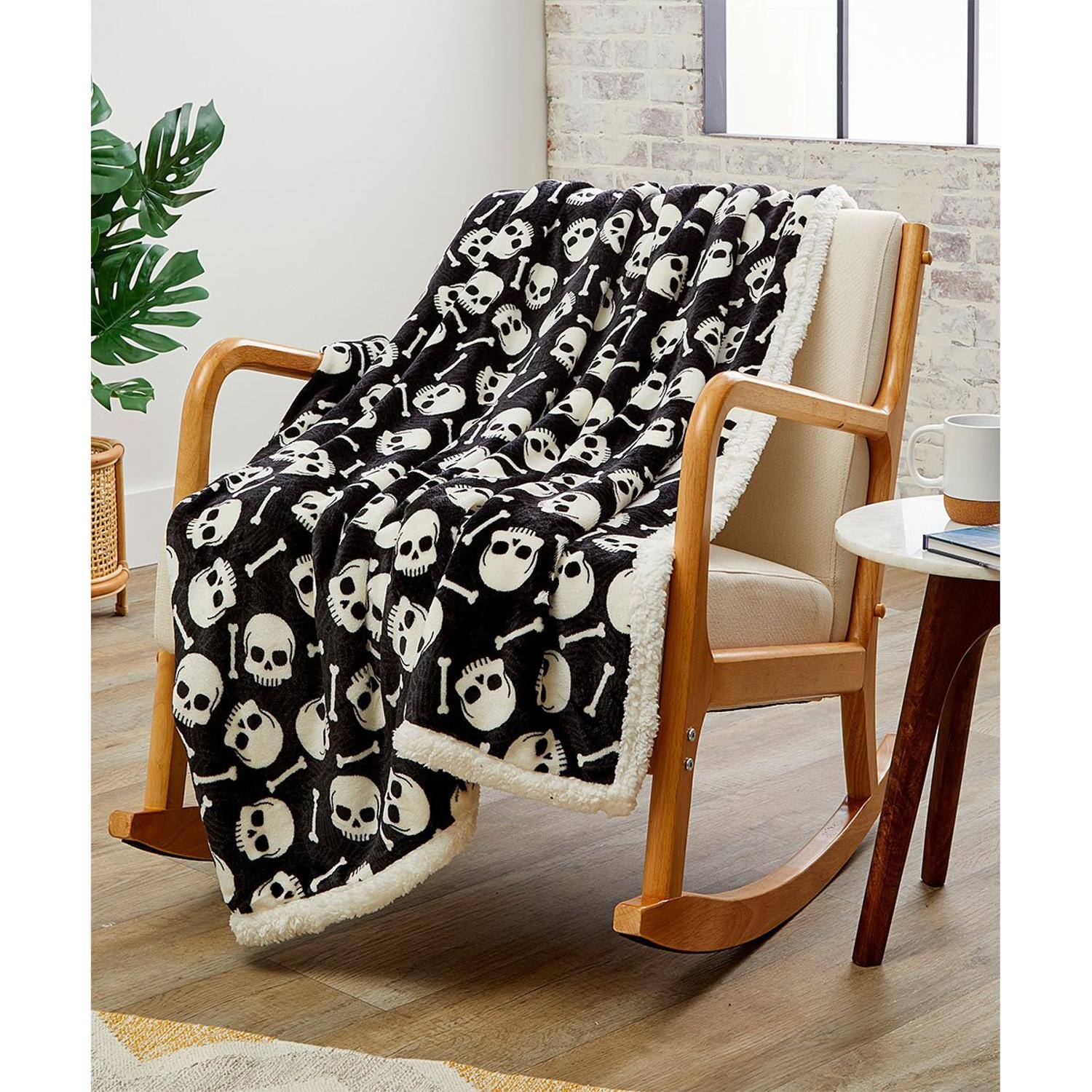 Alt View 2. Noble House - Skull & Bones Faux Shearling Micro Plush Throw Blanket 50" x 60" Black & White by Plazatex - Black & white.